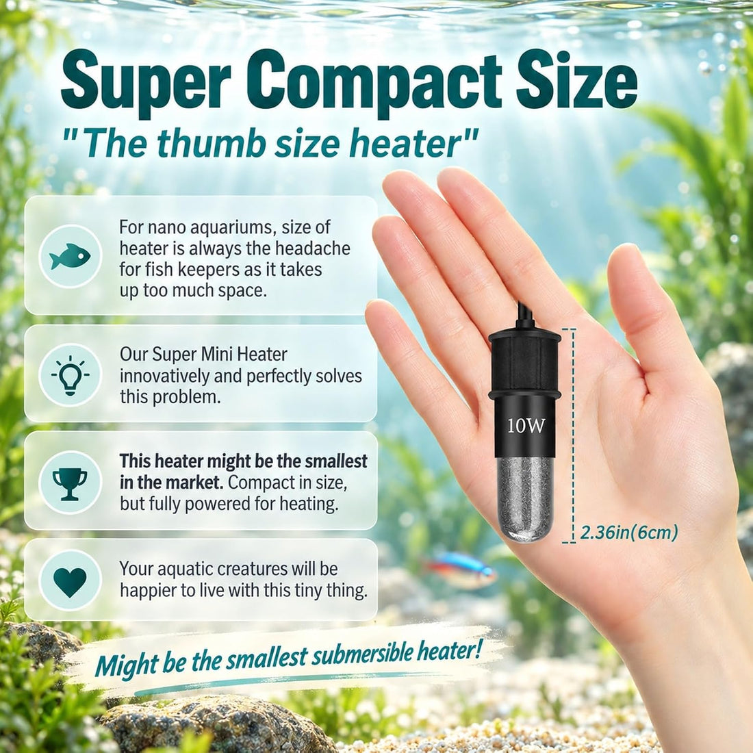 Thumb-Sized 10W Super Mini Aquarium Betta Heater for 1-2 Gallon Small