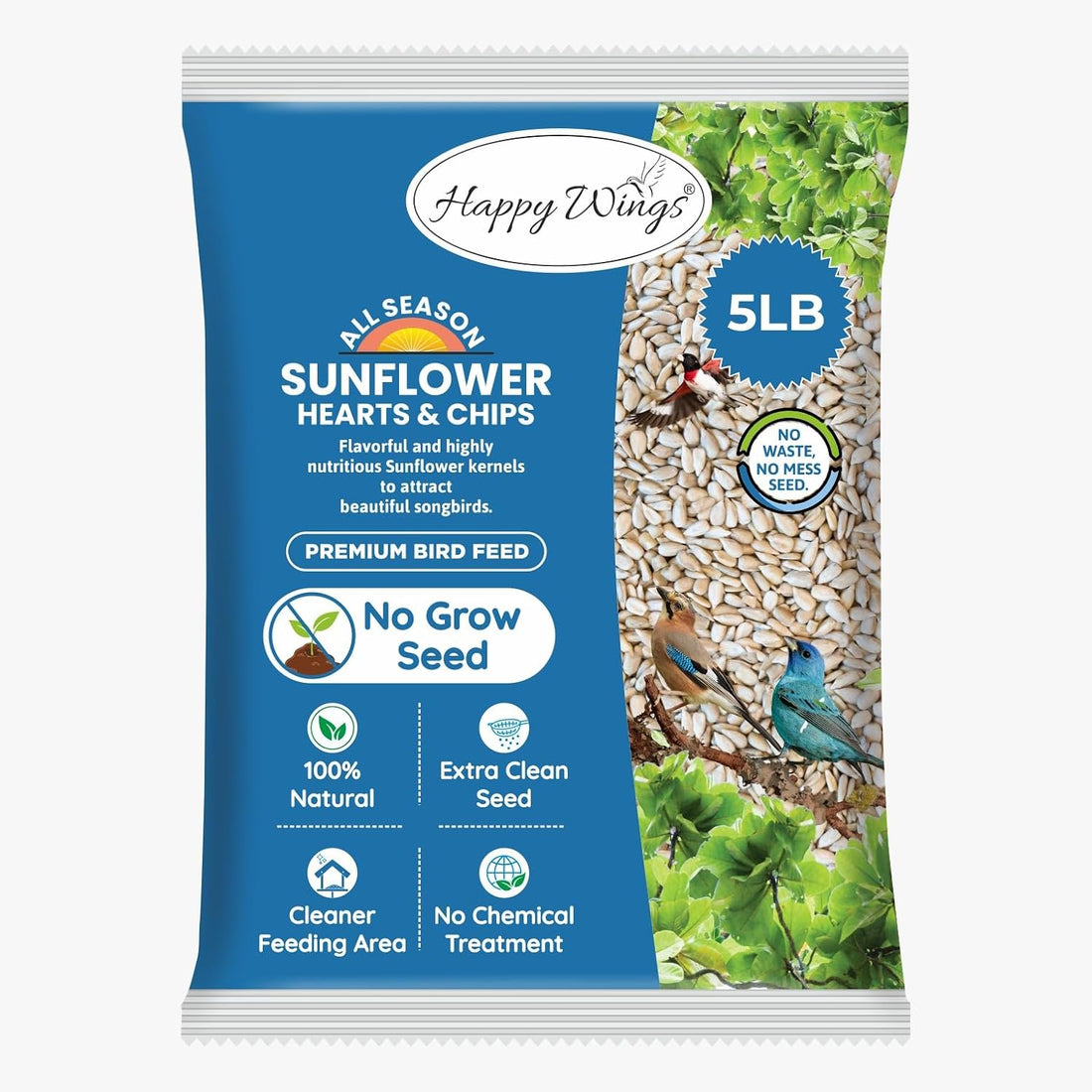 Happy Wings 5LB Sunflower Heart & Chips (Kernels) Bird Food, No Waste