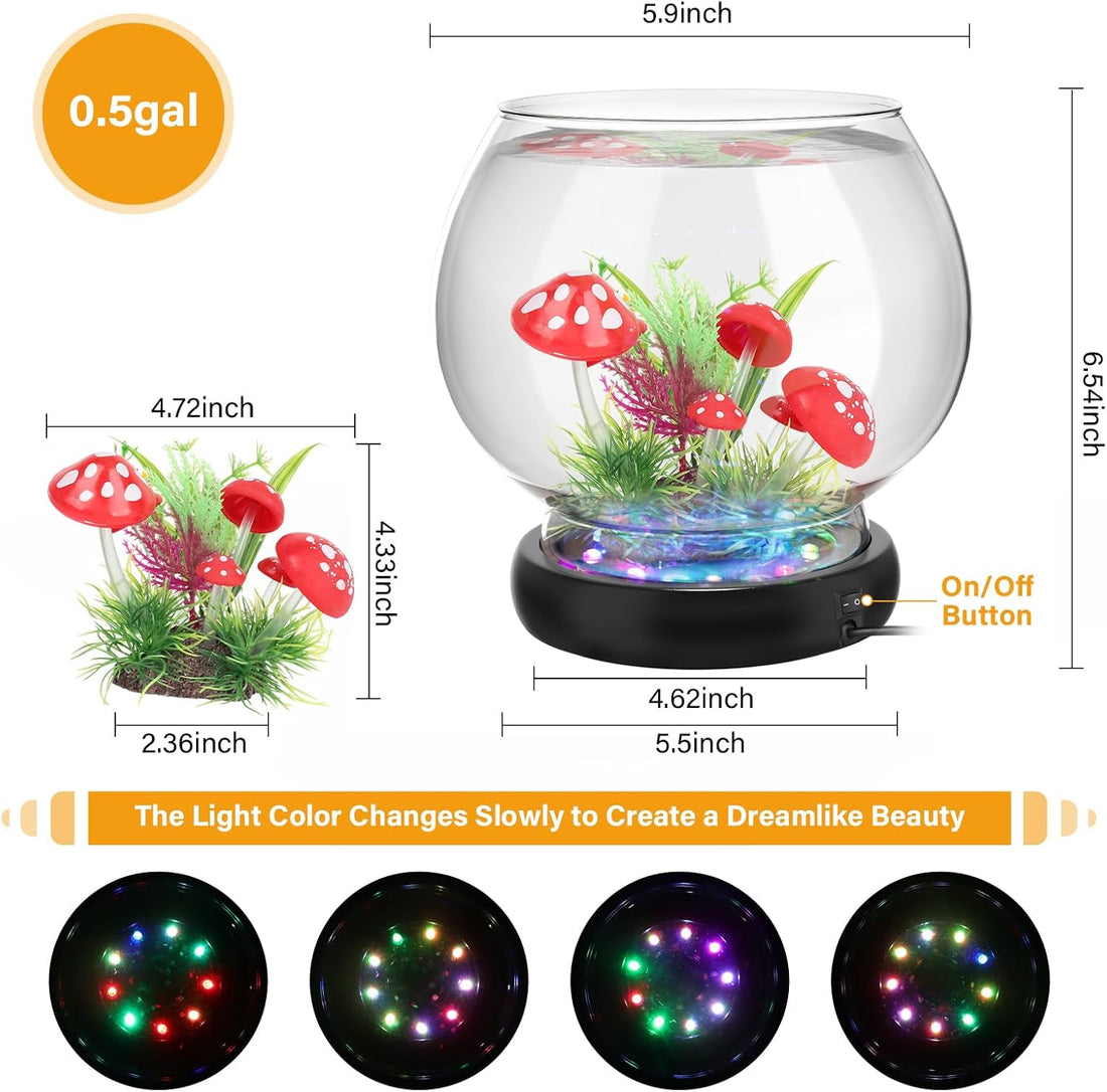 hygger 0.5 Gallon/1 Gallon Glass Fish Bowl with LED Light and Decor