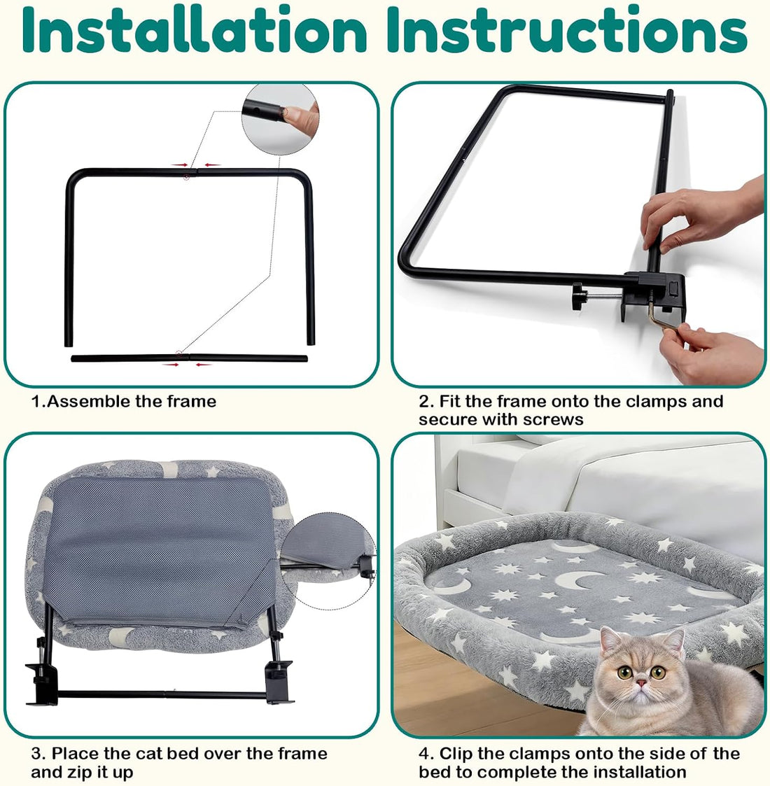 Bedside Cat Bed Attached to Human Bed with Glow in The Dark Stars