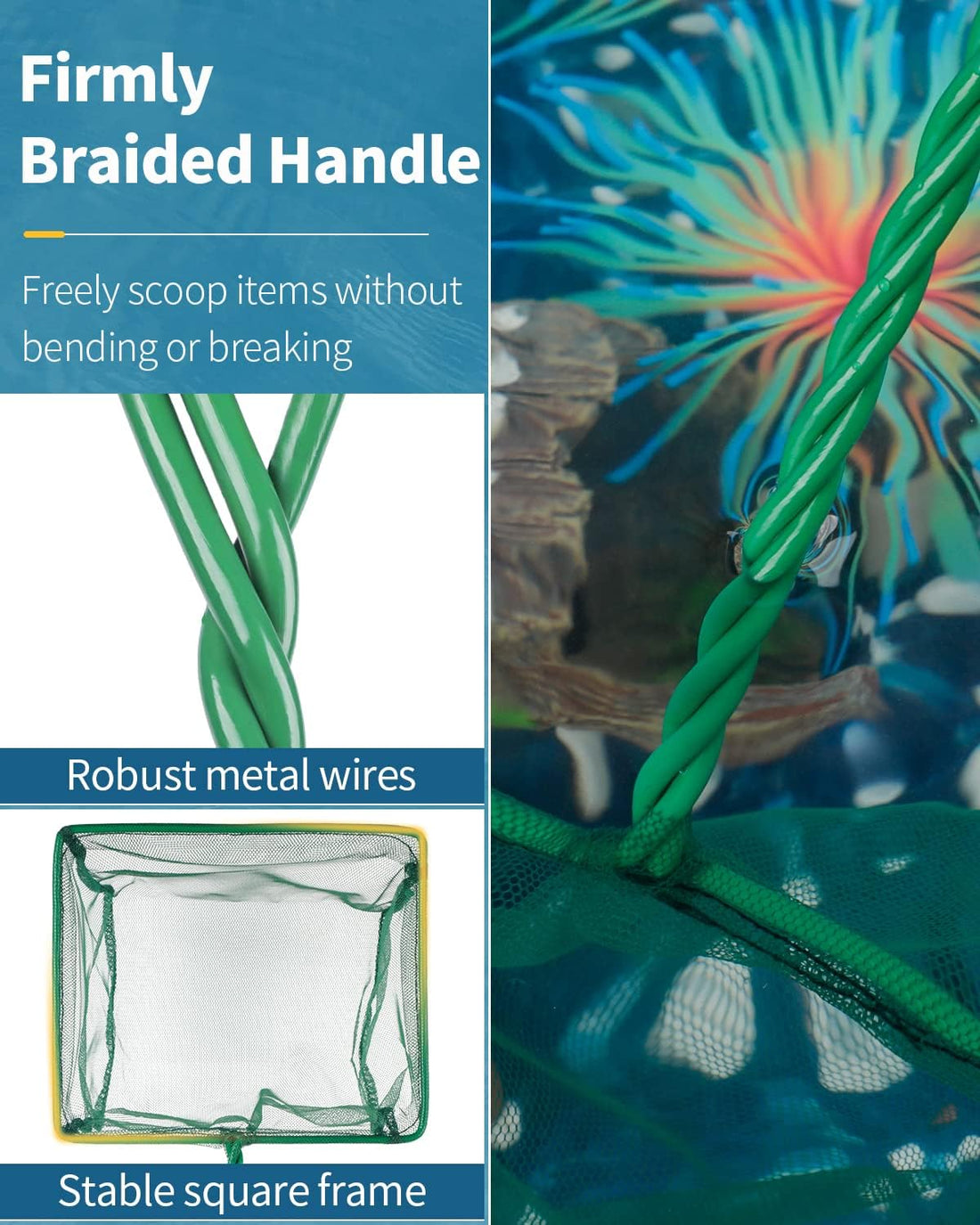 Pawfly Aquarium Fish Net with Braided Metal Handle Square Net
