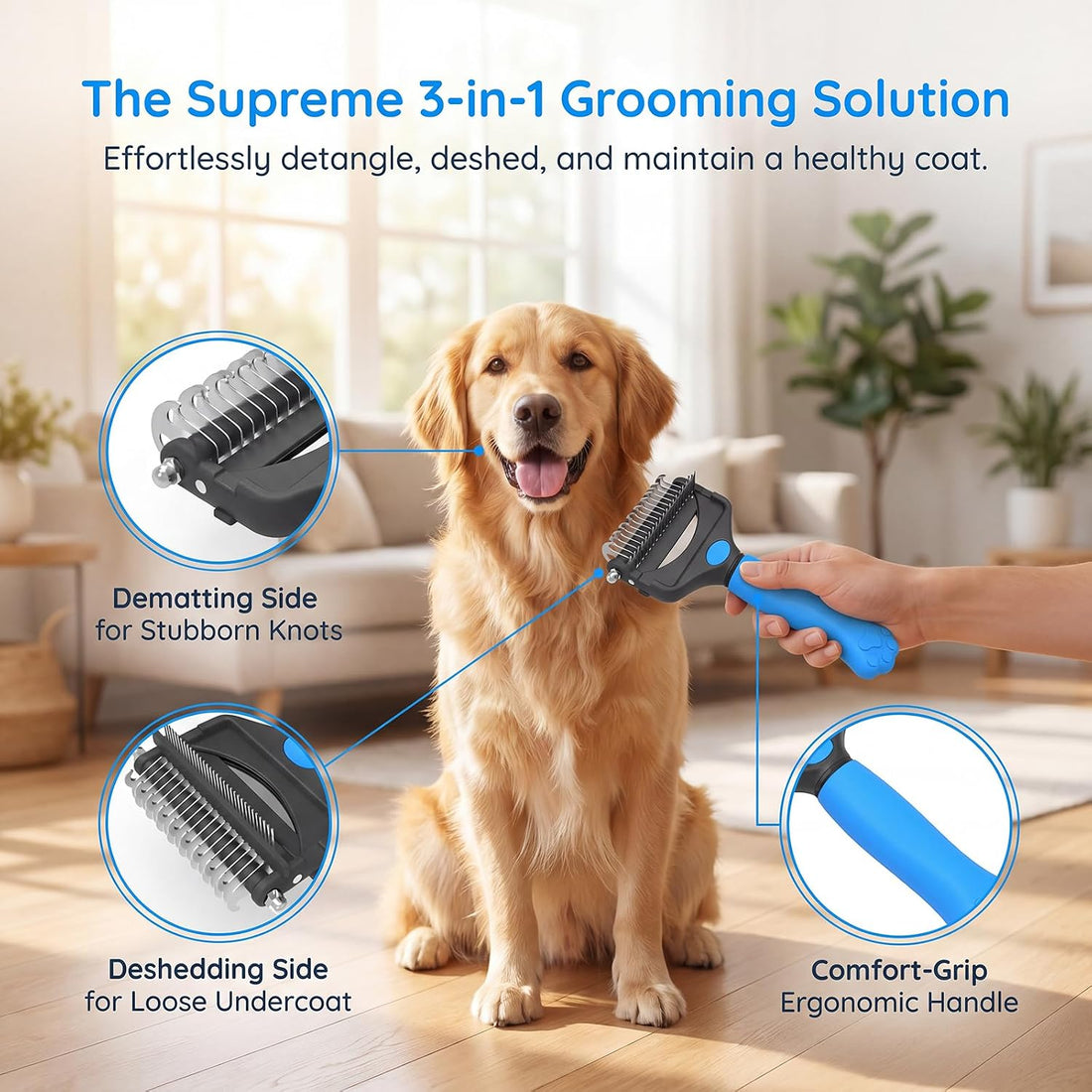 Deshedding Dog Brush,3-in-1 Undercoat Rake for Dogs