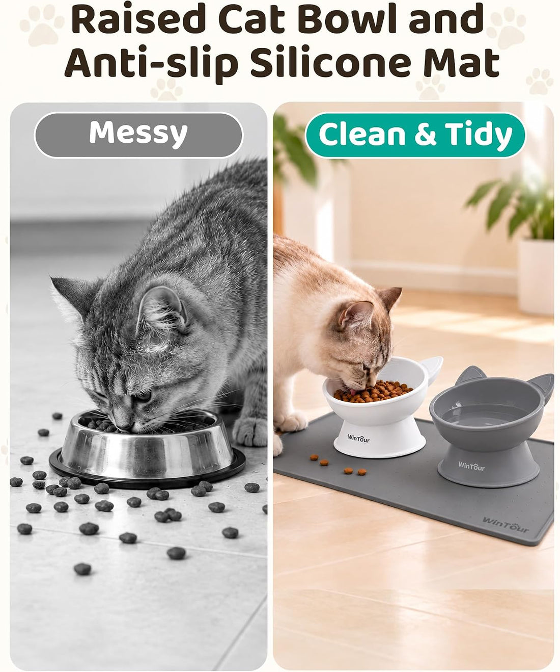 WinTour 2 Pack Elevated Cat Bowls with Food Mat