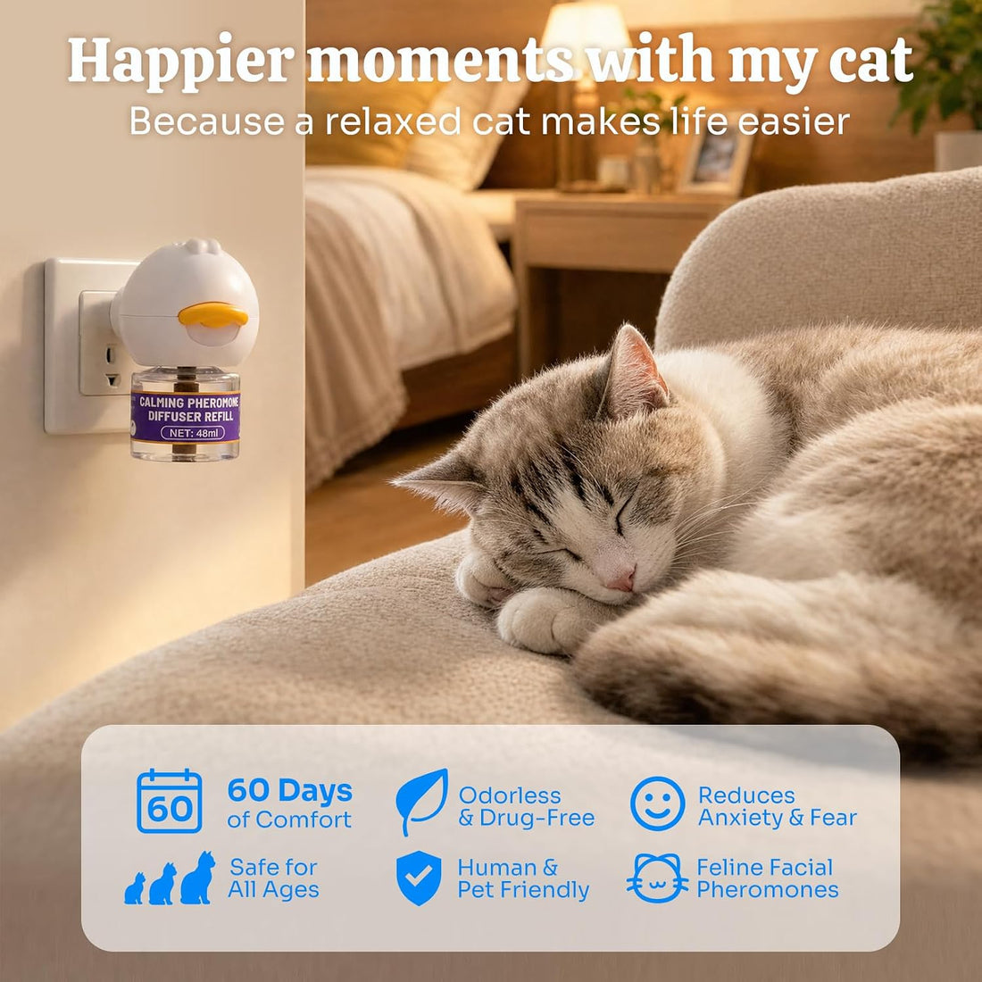 Cat Calming Diffuser, Premium Pheromone, 1 Plug-in+2 Refills