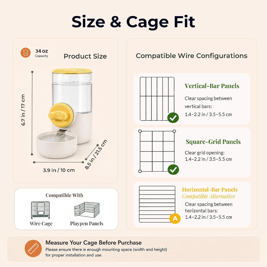 34 oz Cage-Hanging Gravity Water Bowl & Pet Water Dispenser