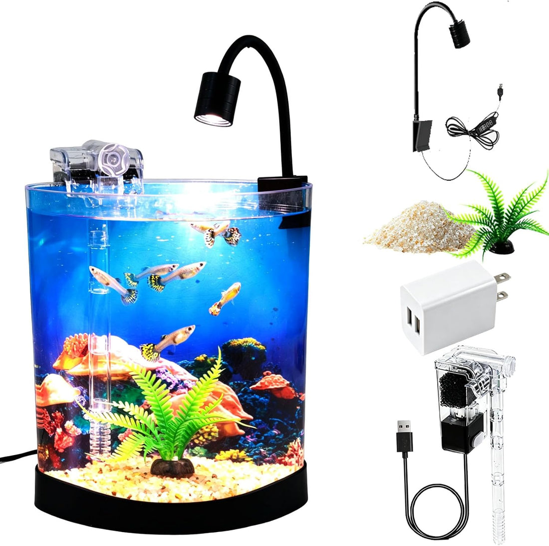 Desktop Fish Tank Kit, 3-in-1 Aquarium Starter with Filter & LED Light