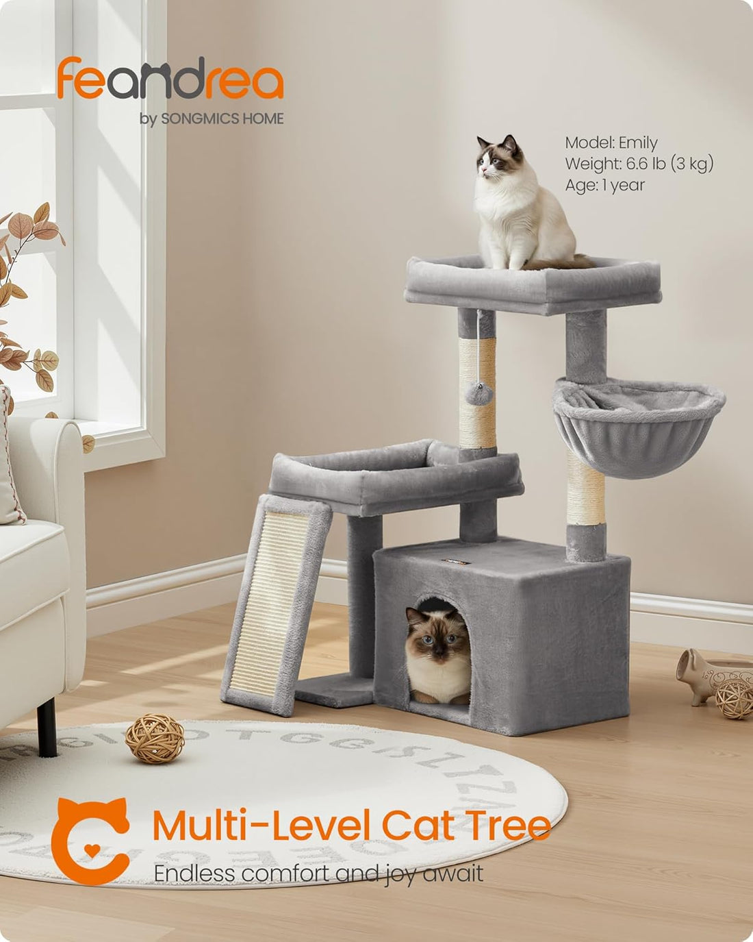 Feandrea Cat Tree, 33.8" Cat Tower, Scratching Posts and Ramp