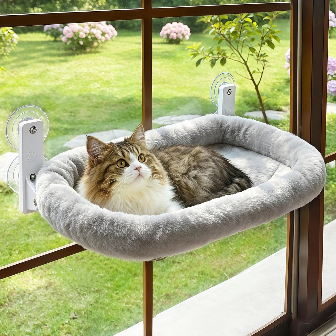 AMOSIJOY Cordless Cat Window Perch with Cushion Bed Metal Frame