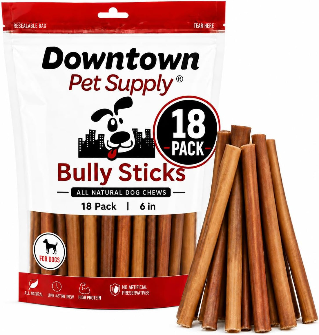 Downtown Pet Supply Bully Sticks for Dogs - Natural 6 Inch Beef Chews