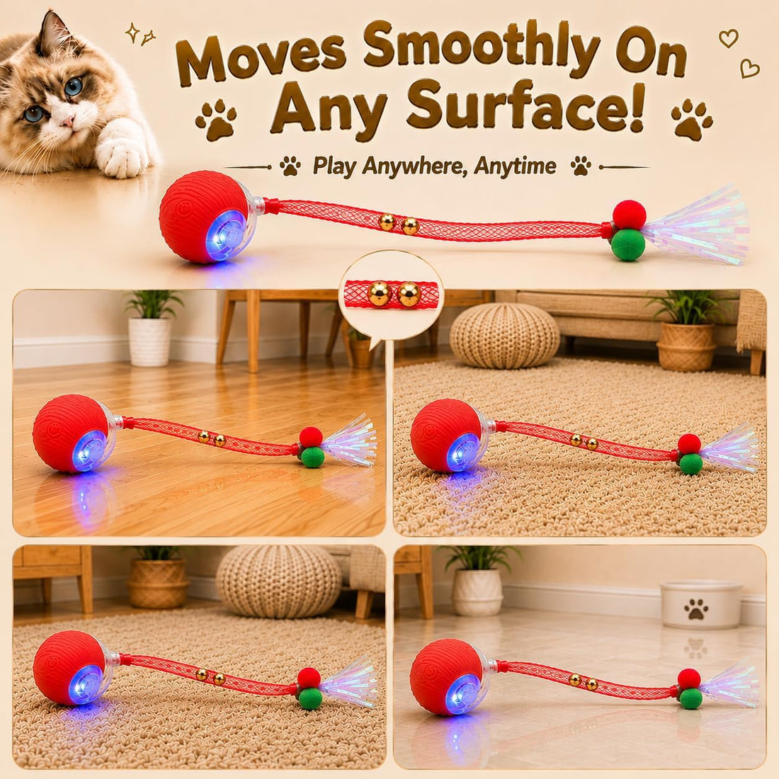 Pack-4 Interactive Cat Toys, Motion-Activated Rolling Ball with Shiny