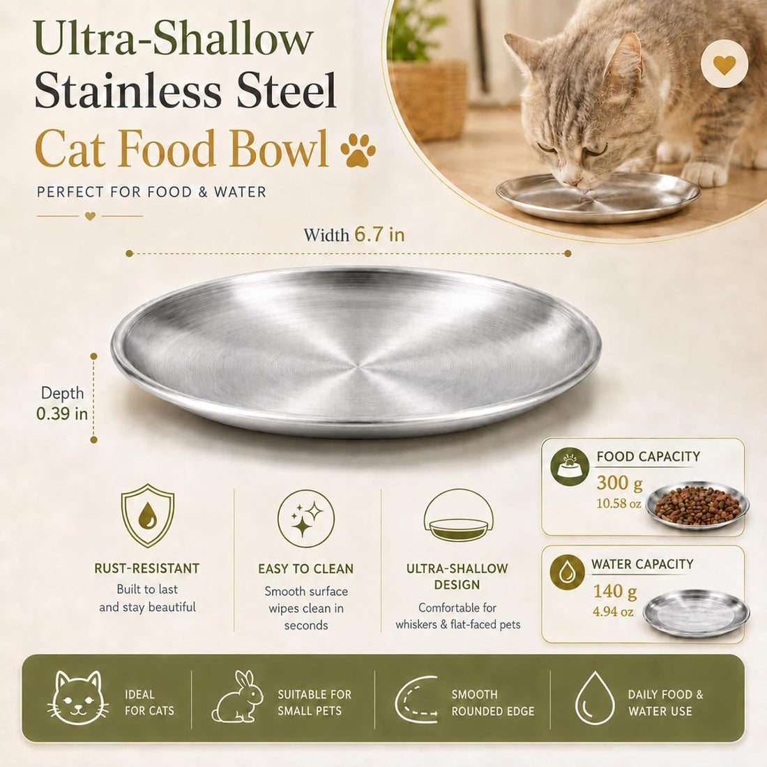 4 Pack Stainless Steel Shallow Cat Bowls,Whisker Safe Cat Plates