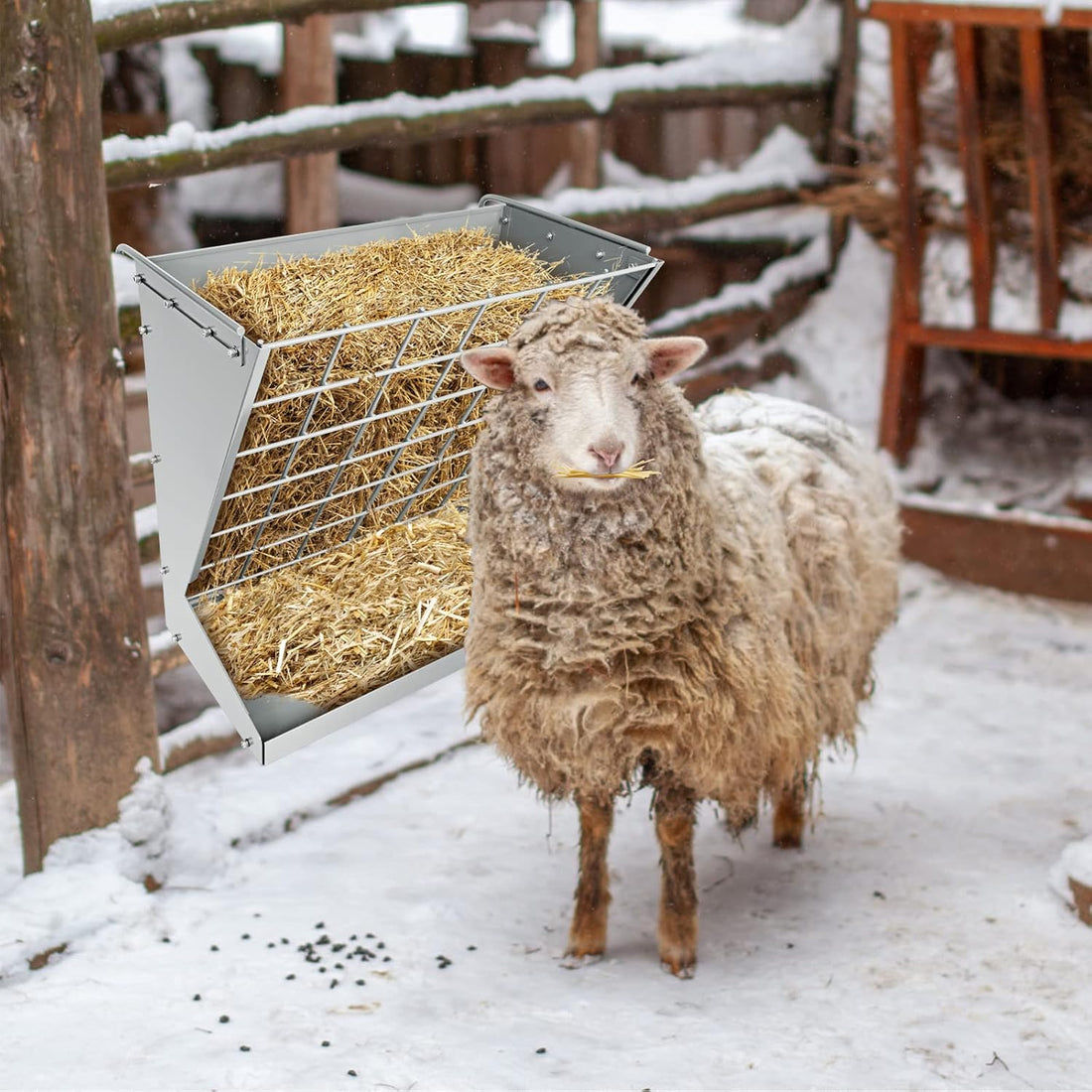 Wall Mount Hay Rack, Metal 2 in 1 Hay and Grain Feeder
