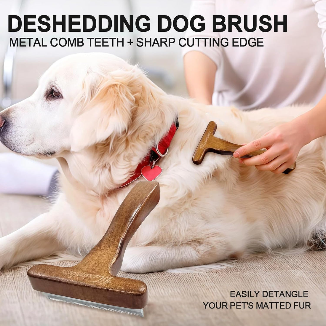 MaximiLian Medium T-Shaped Deshedding Dog Brush with Solid Wood Handle