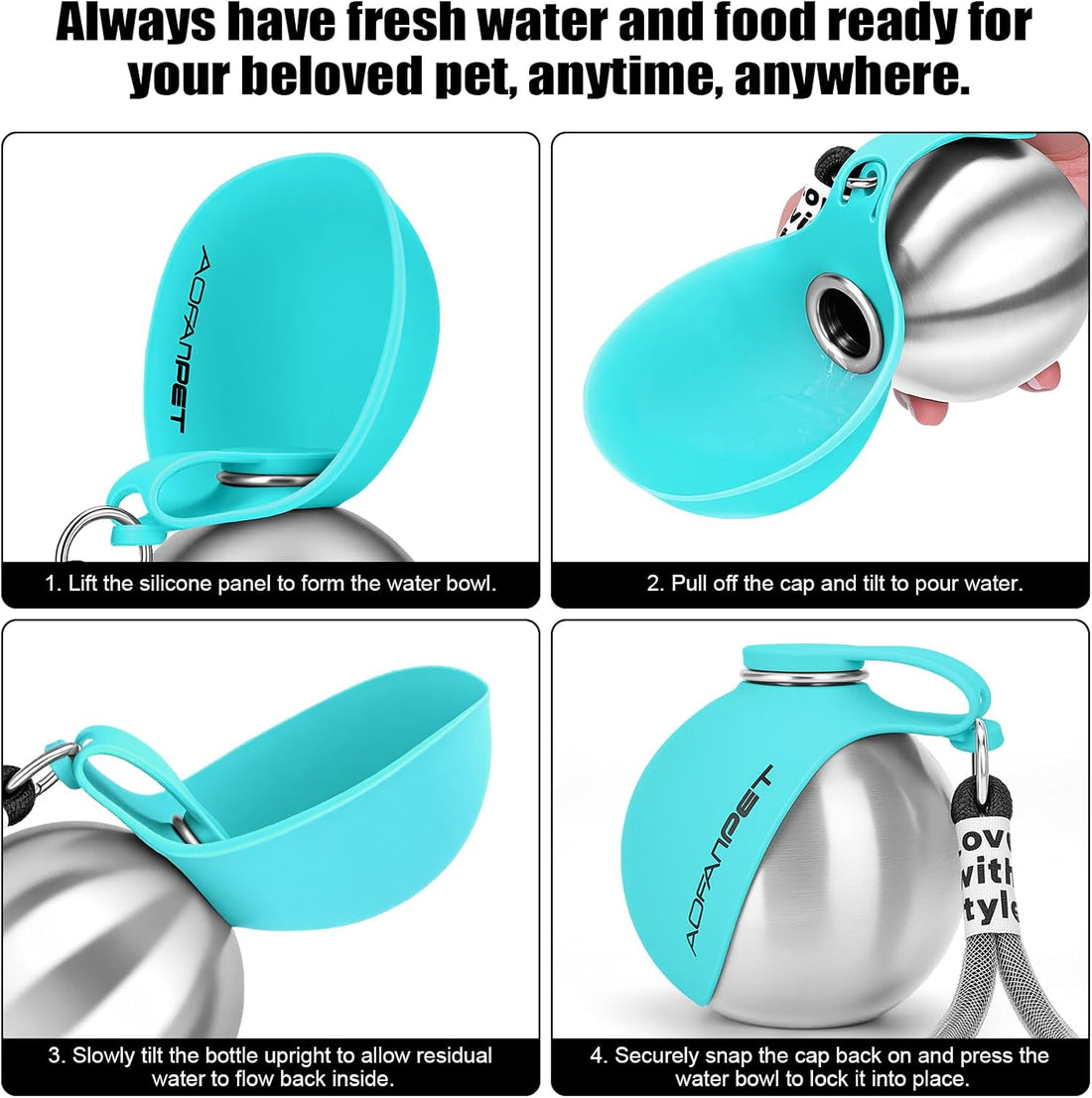 AOFANPET Portable Dog Water Bottle 10oz Stainless Steel Travel Dog