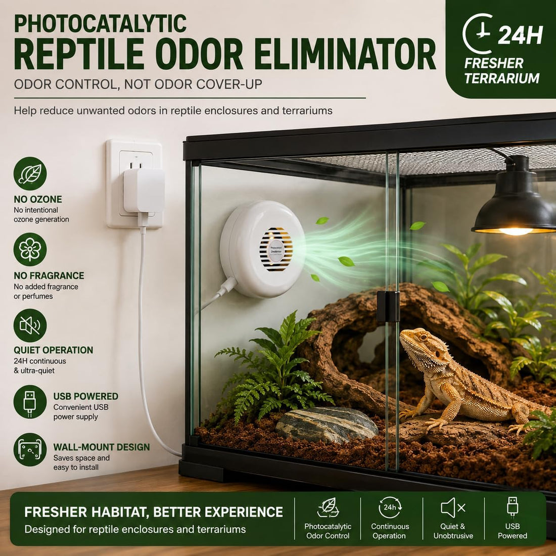 Reptile Odor Eliminator, Photocatalytic Terrarium Deodorizer