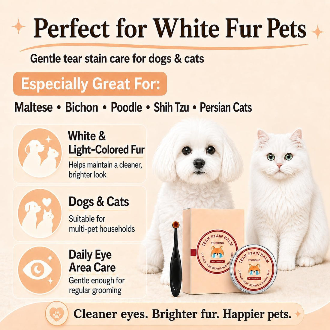 Tear Stain Remover Balm for Dogs & Cats with Soft Brush