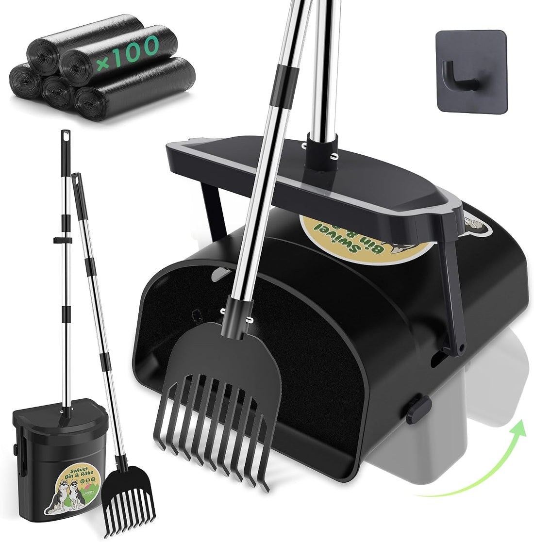 UPSKY 33.4" Dog Pooper Scooper Swivel Bin & Rake Kit with 100 Waste