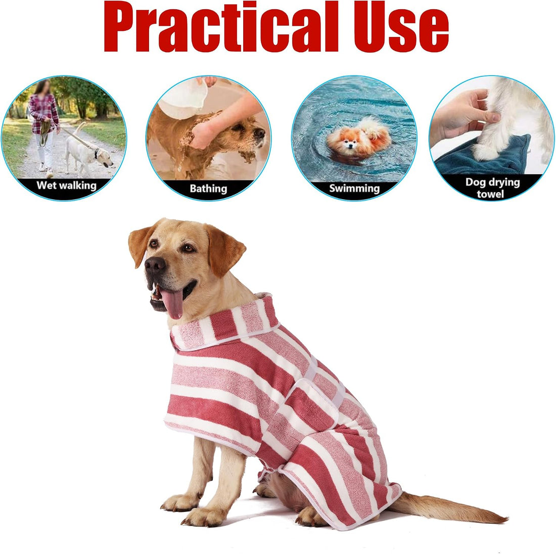 Dog Bathrobe, Quick-Dry Striped Drying Robe (Red, S)