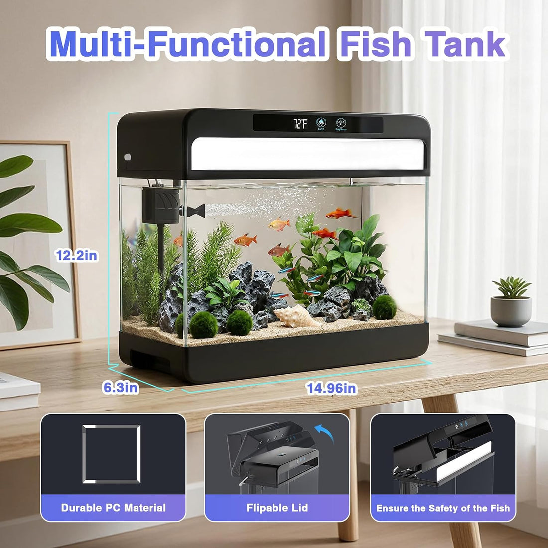 3 Gallon Fish Tank Starter Kit, Beginner Aquarium for Betta, Black