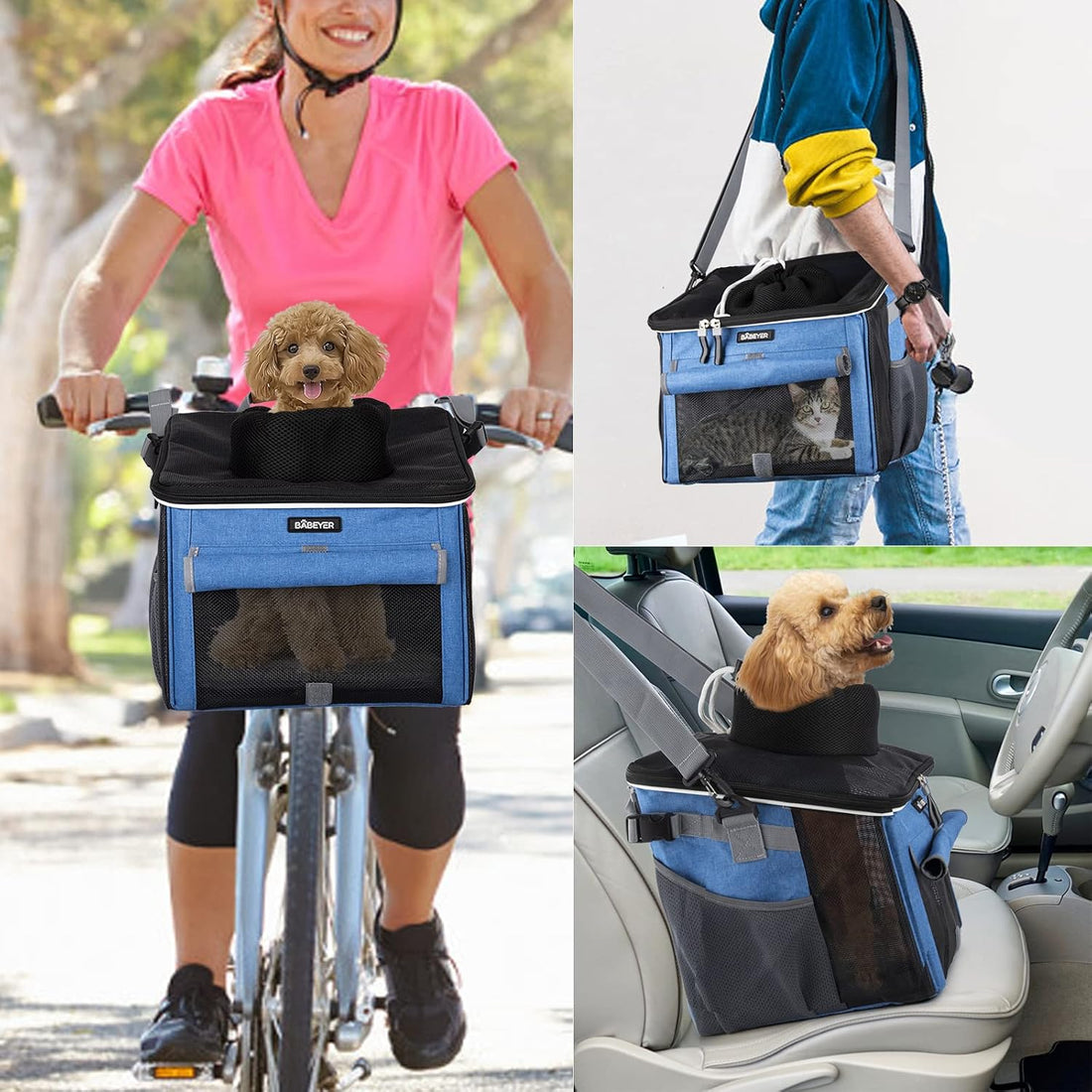 Dog Bike Basket, Soft-Sided Pet Bike Carrier with 4 Mesh Windows