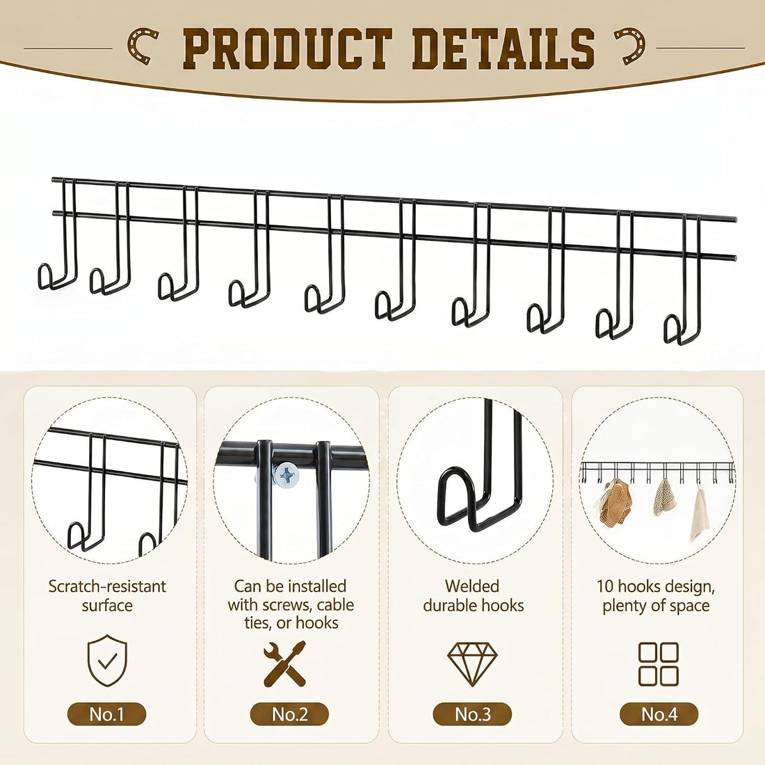 Yaocom 10 Hook 2 Pcs Bridle Hooks Tack Room Metal Wall Hangers Rack