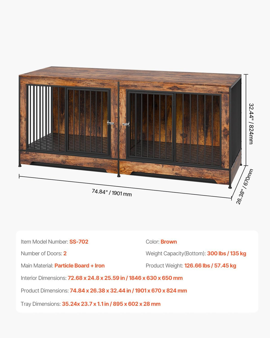 VEVOR 75 inch Dog Crate Furniture for 2 Dogs, Divider, Double Doors