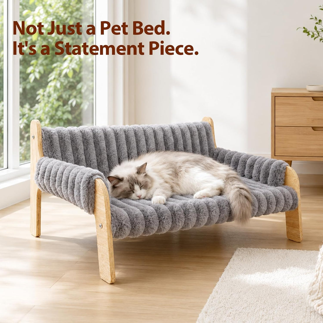 Jiupety Elevated Cat Couch for Indoor Cats Wooden Cat Sofa for Kitty