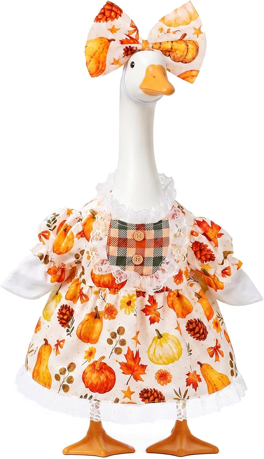 hoyuwak Fall Porch Goose Outfit Autumn Maple Leaf Goose Dress with Bow
