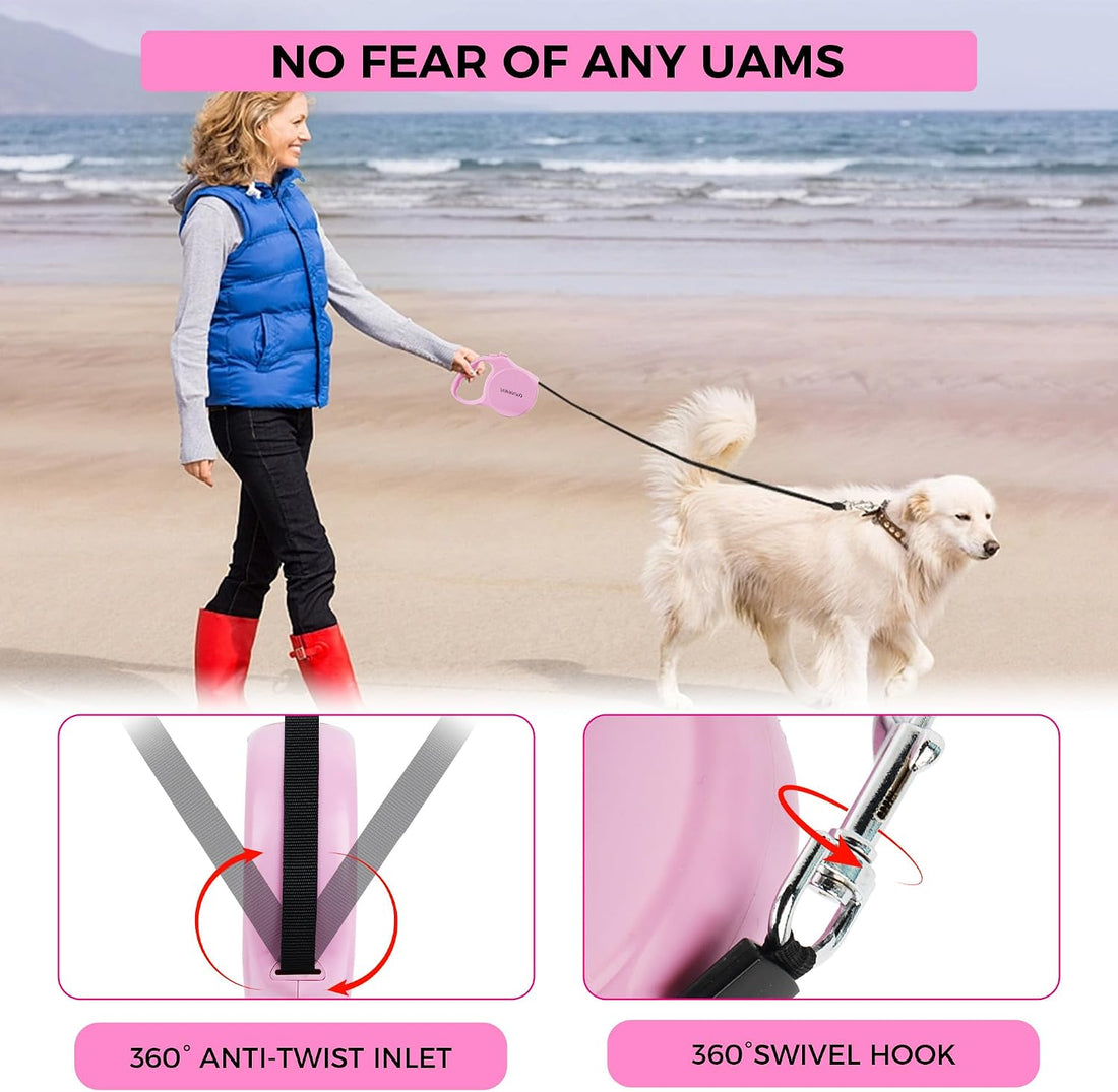 Pink Retractable Dog Leash,Strong Nylon Tape-One-Handed One Button
