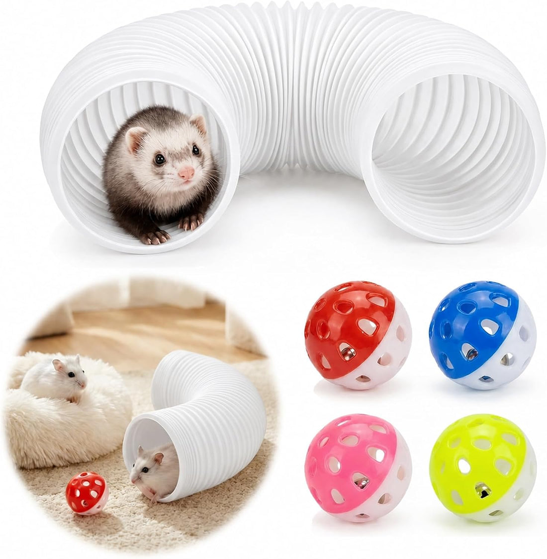 1 Pack Ferret Tubes & Tunnels with 4 Bell Balls, 3.9 in Wide