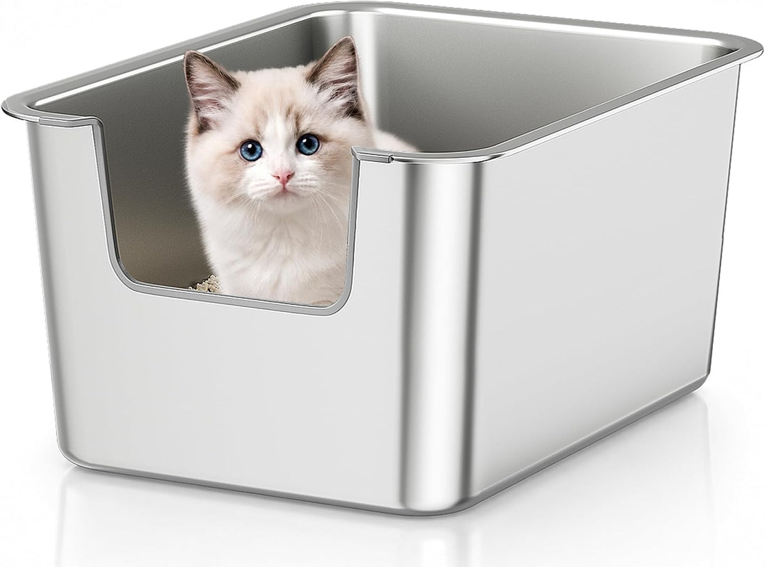 High-Sided Stainless Steel Cat Litter Box, Low Entry, Odor-Free