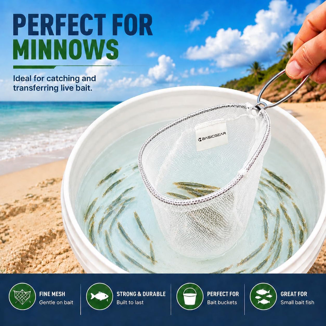 BasicGear Minnow Dip Net, 12 in, Micro Mesh for Bait Bucket