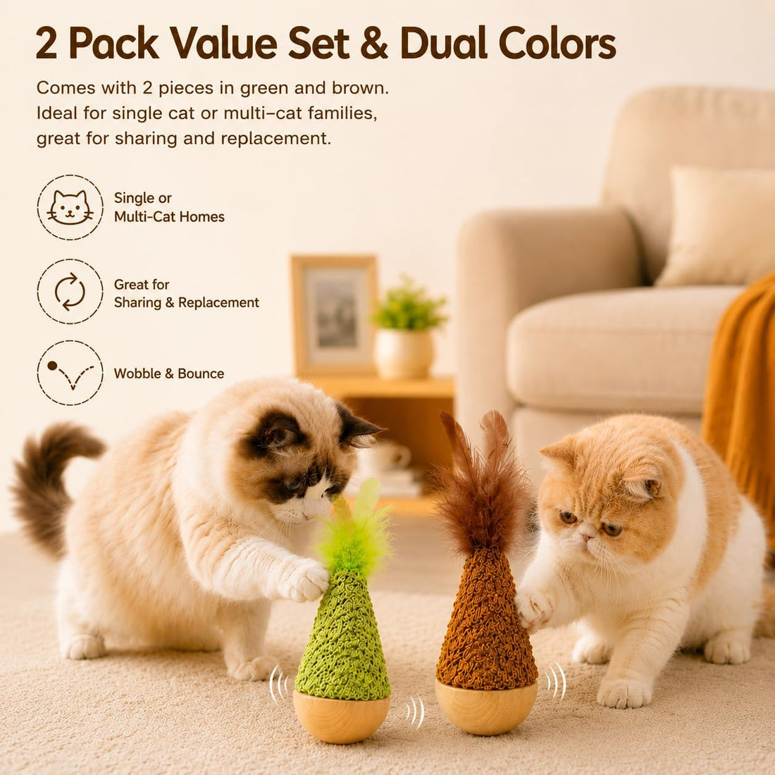 2-Pack Interactive Self-Righting Wobble Cat Toy with Feather