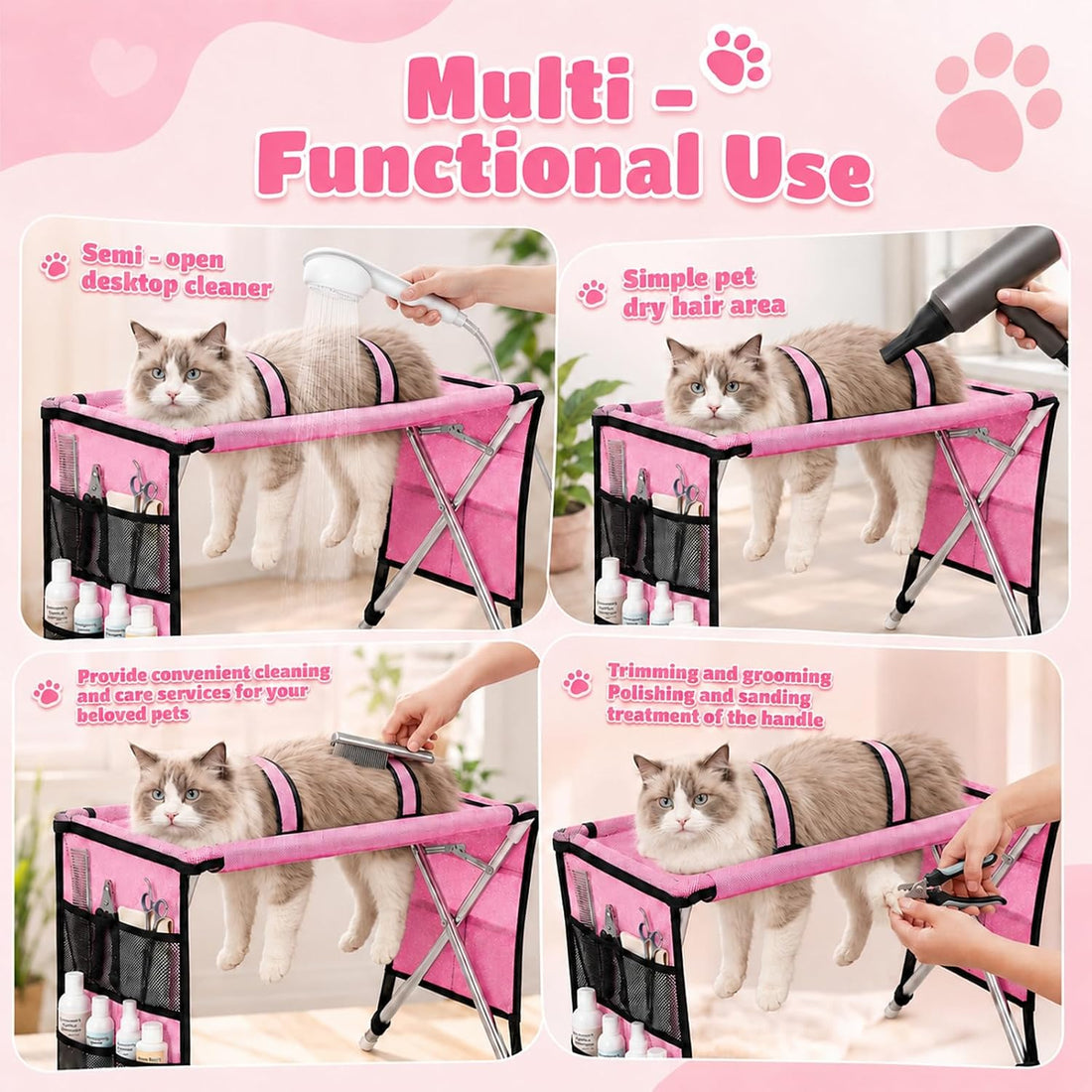Dog Grooming Hammock with Stand for Small Dogs and Cats, Pink