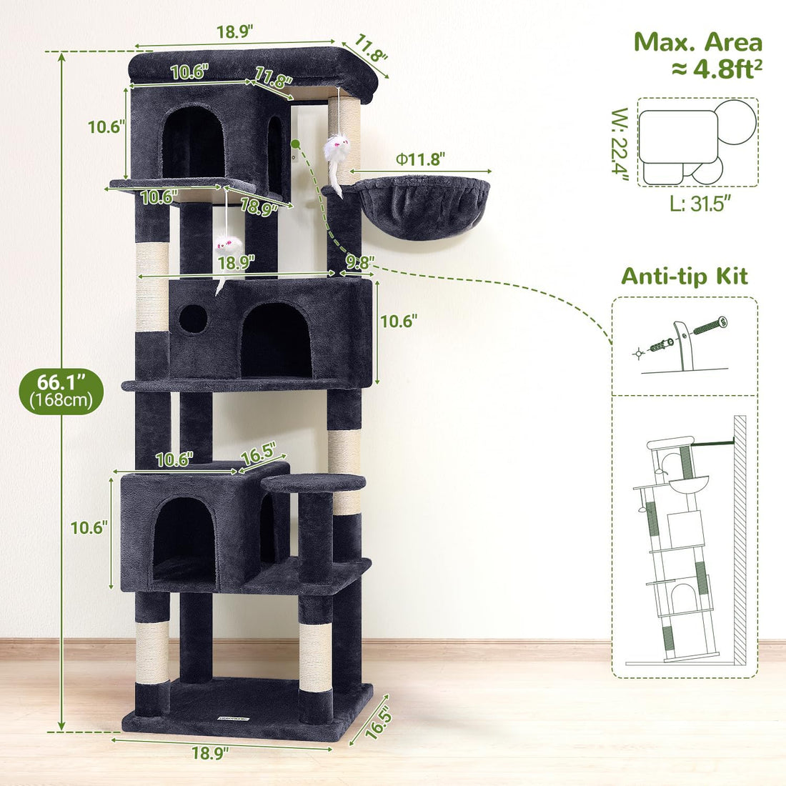 Globlazer F66 Corner Cat Tree, 66in Multi-Level Climbing Tower