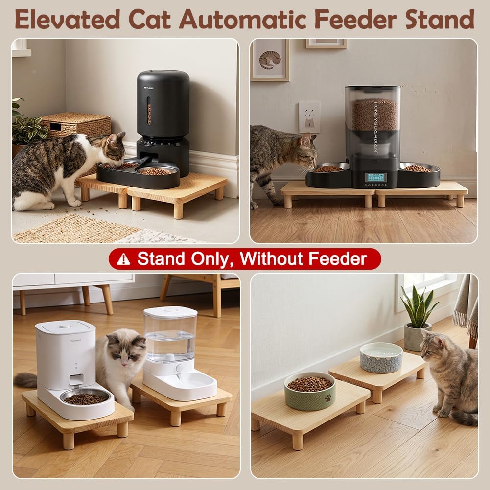 SZEE 2-Pack Cat Food Stand, Elevated Pine Wood Cat Feeder Stand for 2