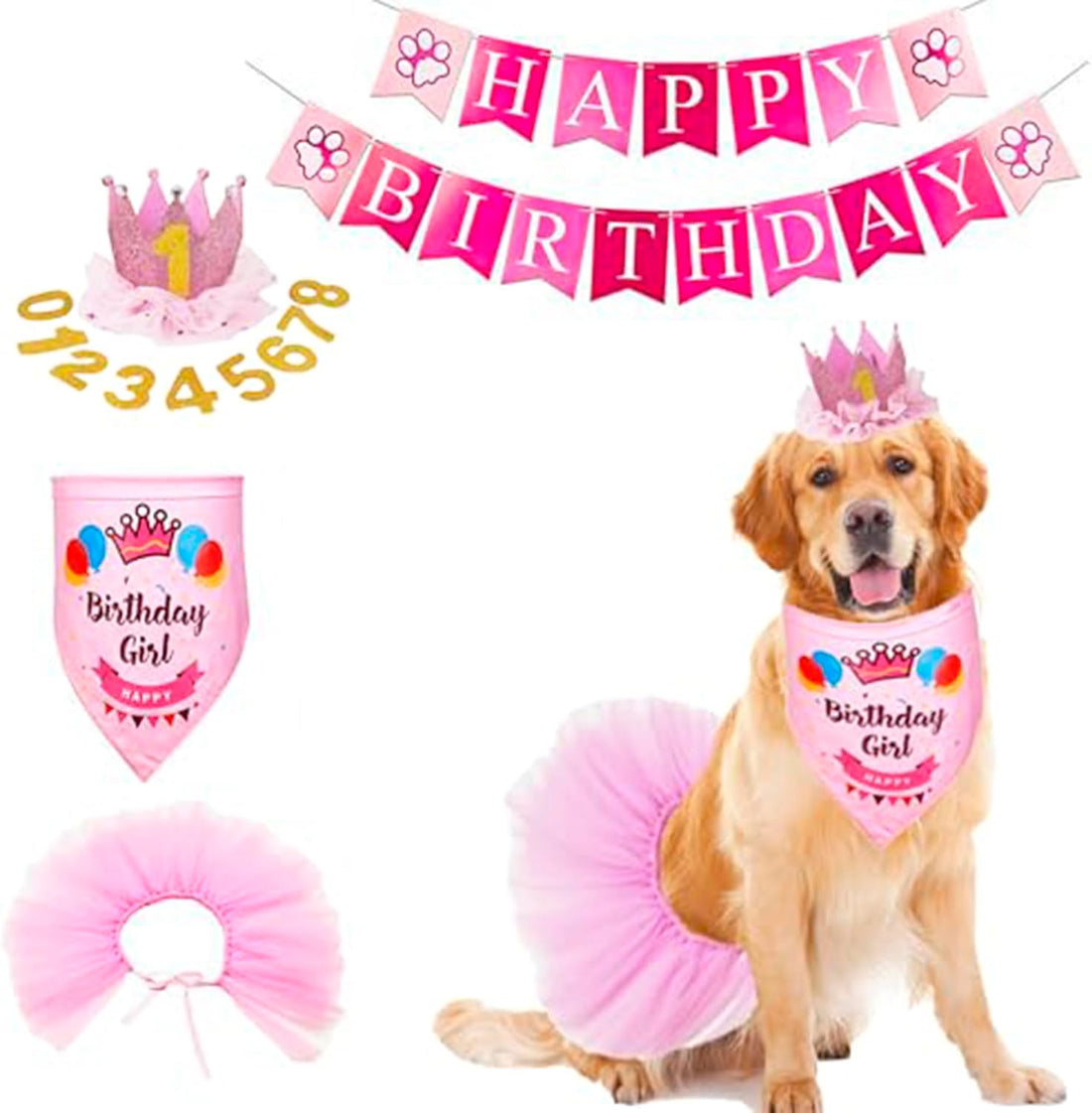 ADOGGYGO Dog Birthday Hat, Pink Birthday Girl Bandana & Tutu Set