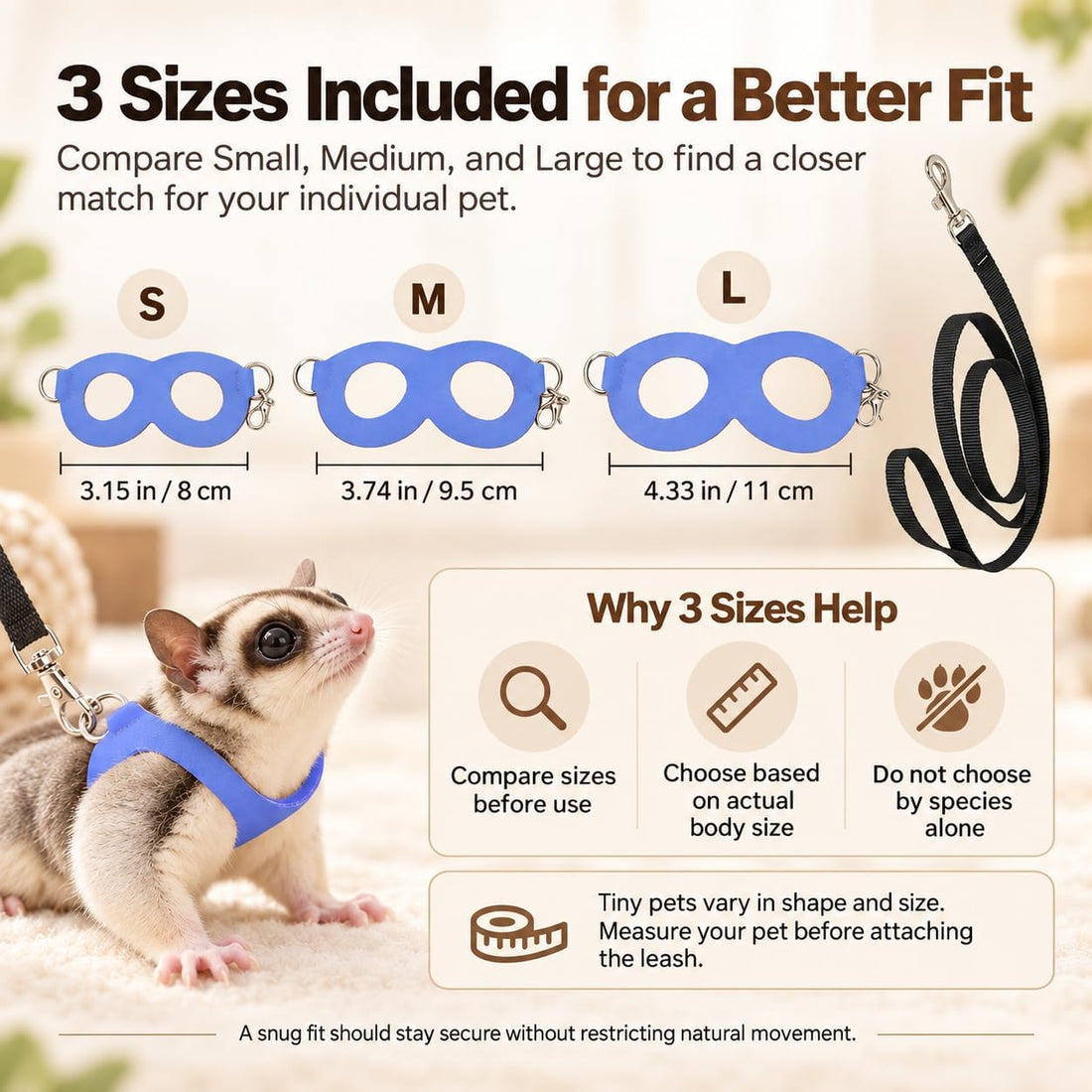 3 Pack Sugar Glider Harness and Leash Set Small Animal Training