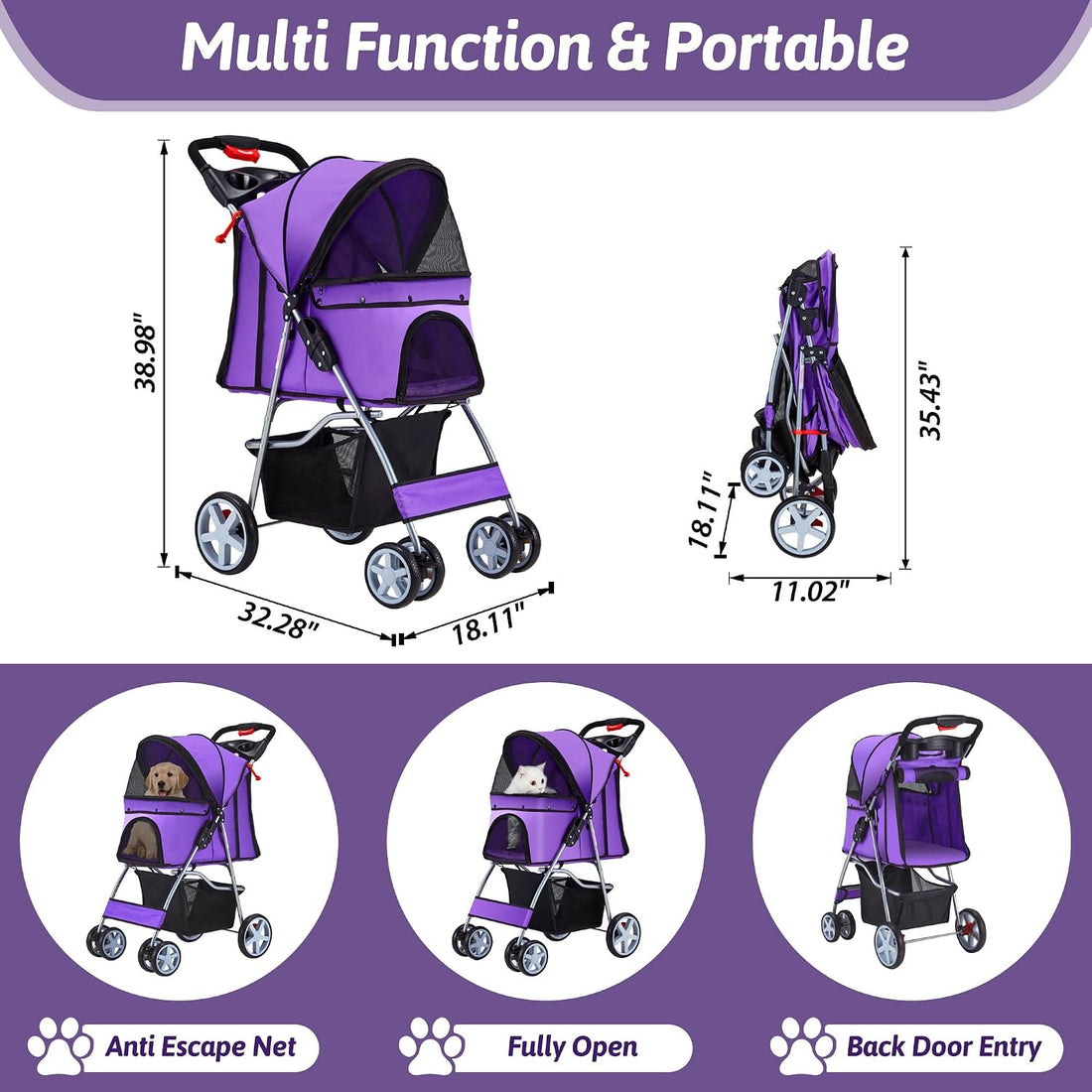 Azaeahom Pet Stroller, 4 Wheels Pet Strolling Cart for Medium/Small