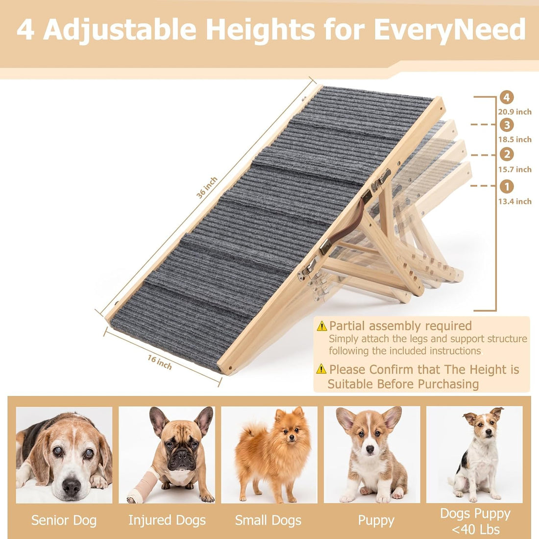 Wooden Dog Ramp for Couch, Small Dog Ramp for Bed Sofa