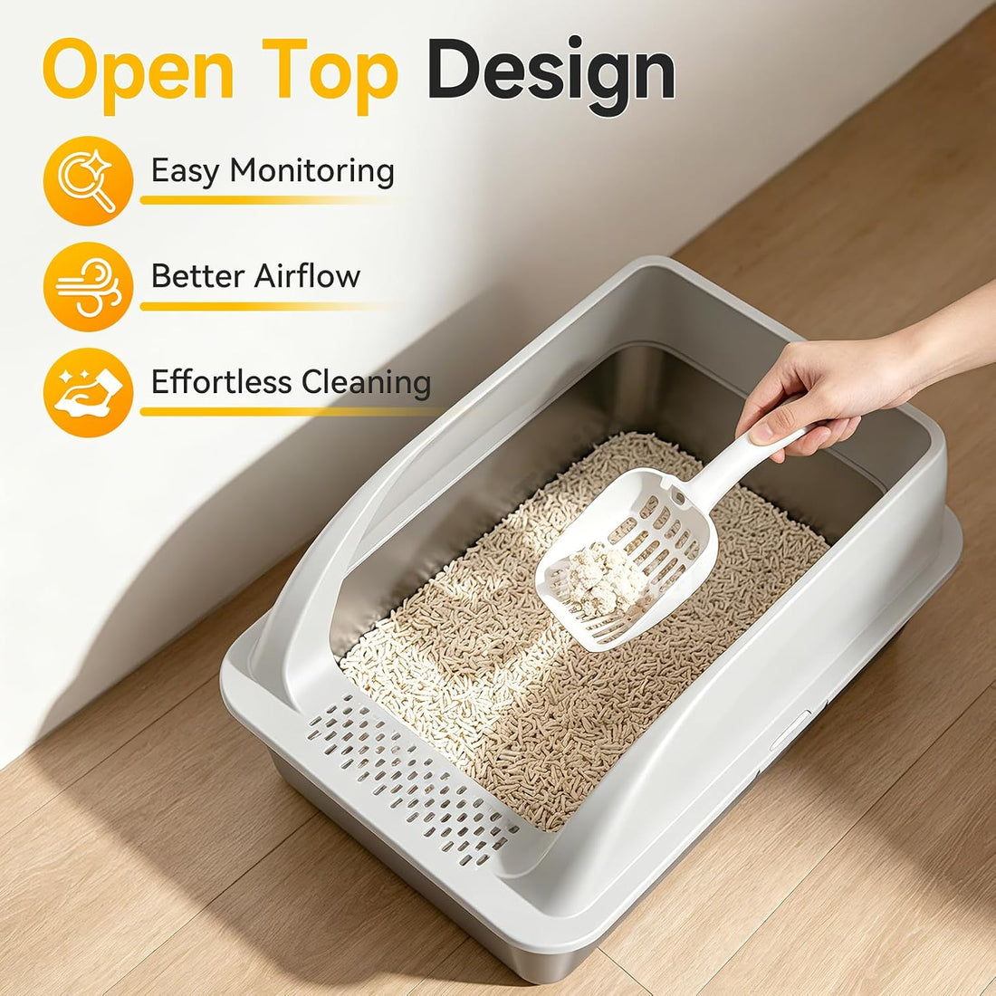 XL Open Top Stainless Steel Litter Box with High Sides,Light Gray