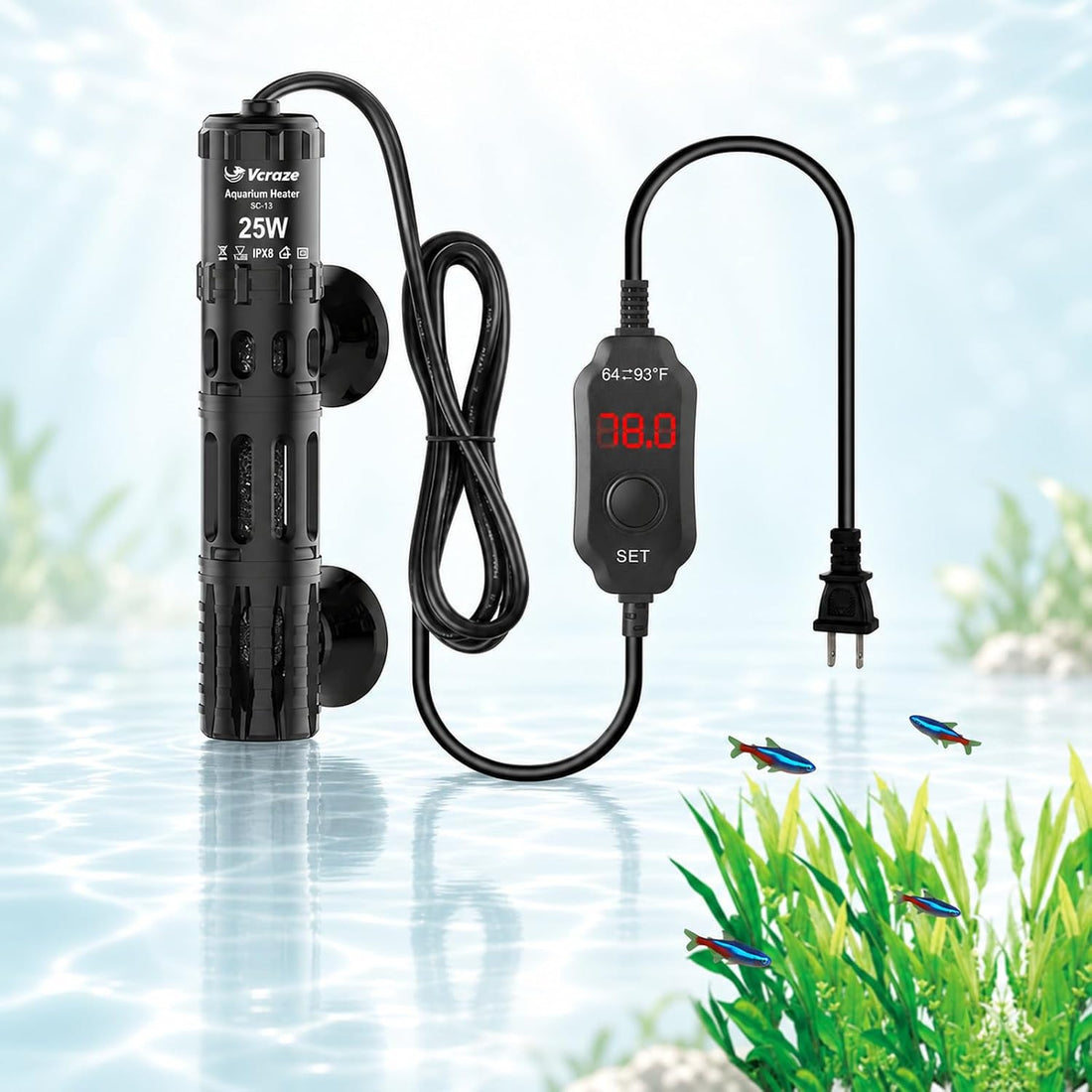 100W Aquarium Heater for 10-20 Gal Tanks with External LED Temp