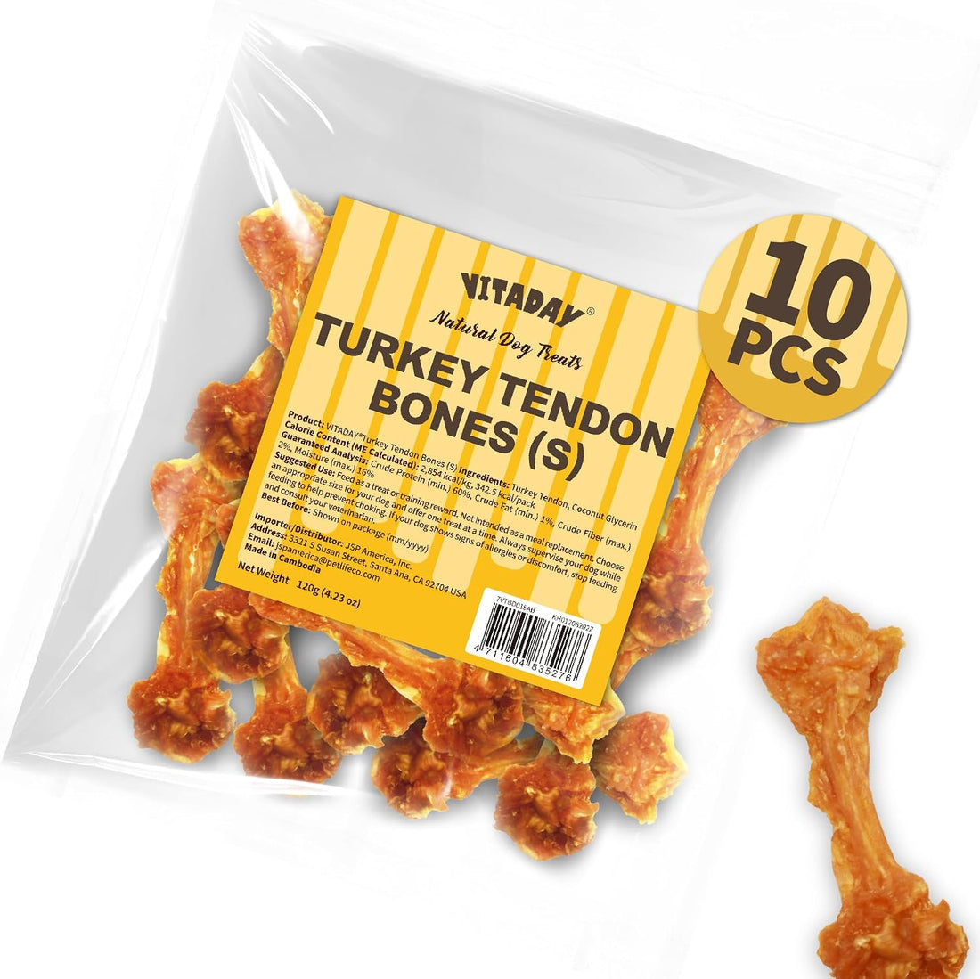 VITADAY Turkey Tendon for Dogs, USA-Sourced, Strips, 3 oz