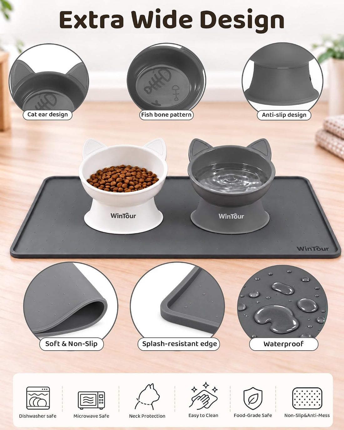 WinTour 2 Pack Elevated Cat Bowls with Food Mat