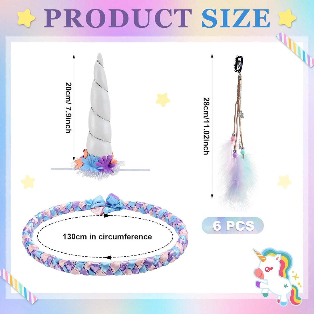 Shyyween 8 Pcs Unicorn Horse Kit, Horn Wreath, 6 Mane Feather Clips