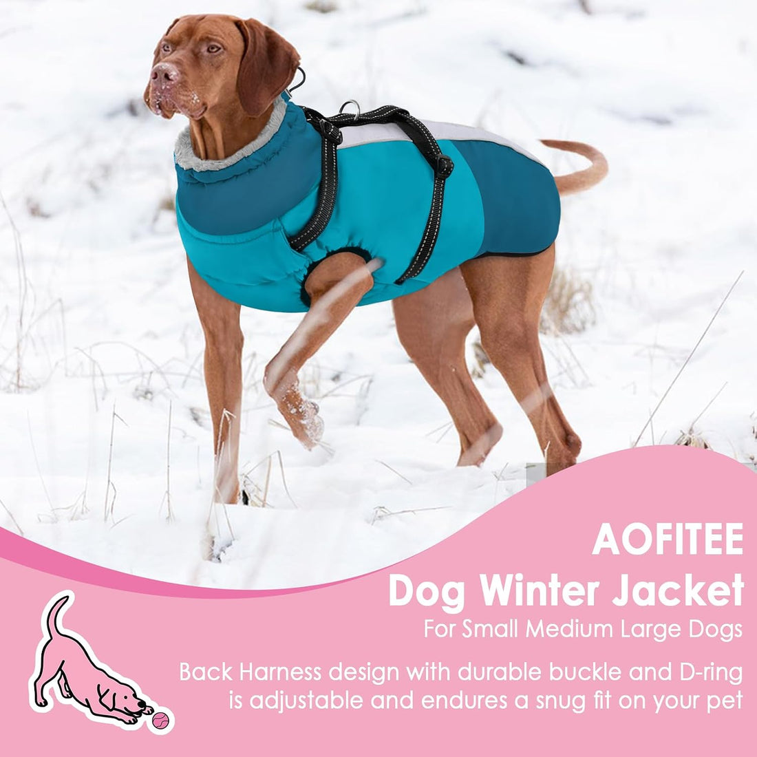 AOFITEE Large Dog Coat Waterproof Dog Winter Jacket with Harness