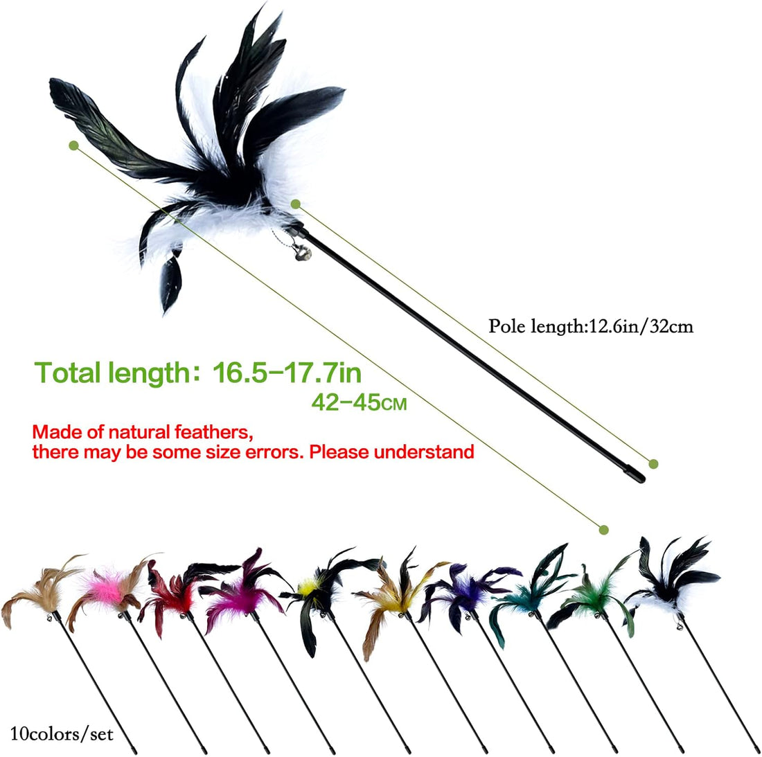 Cat Feather Wand Toys 10-Pack with Bell Indoor Kittens