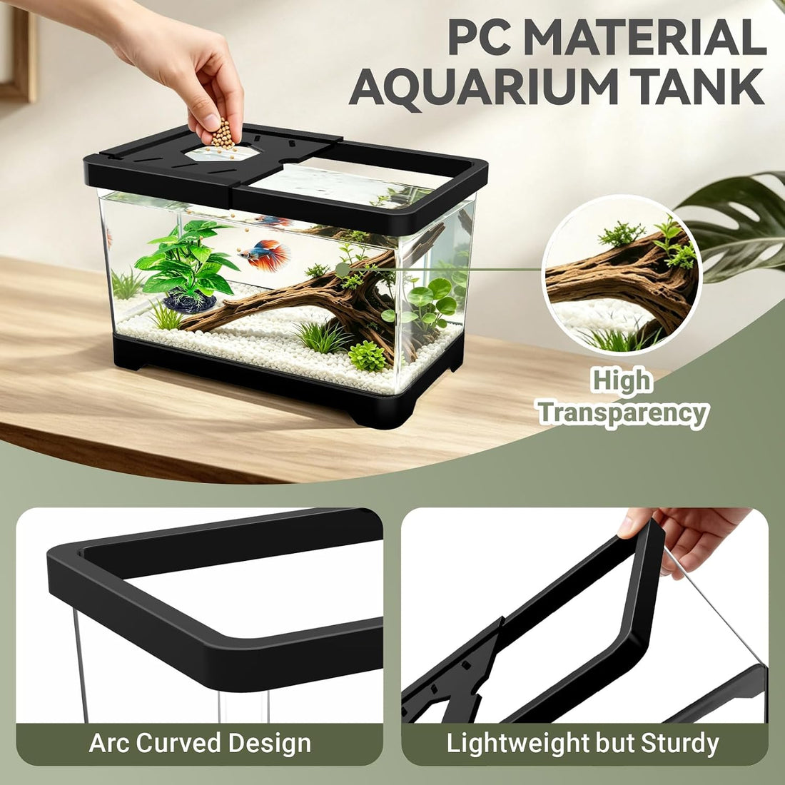 1.5 Gallon Betta Fish Tank, PC Mini Fish Tank Starter Kit. Black