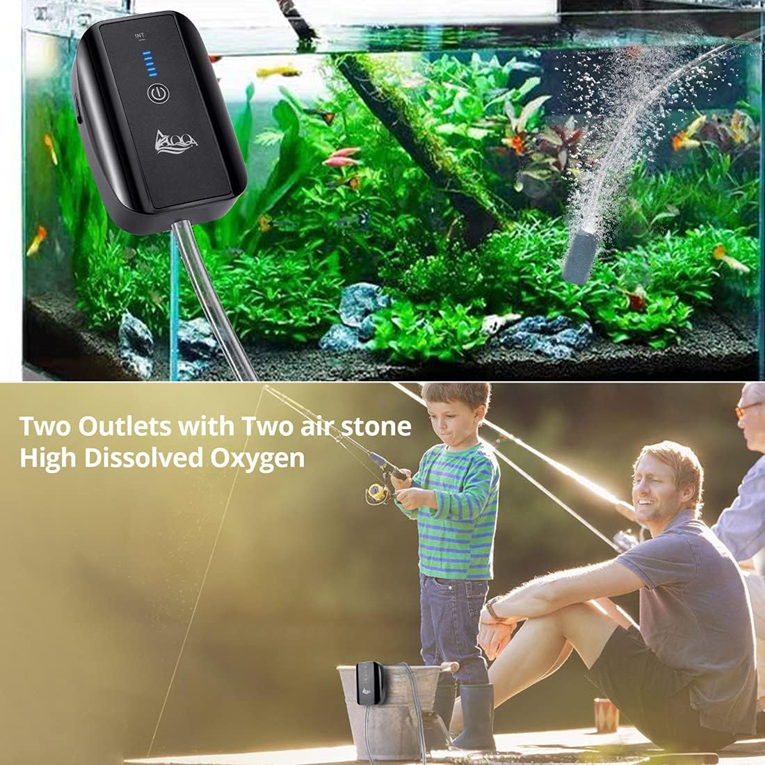 AQQA Aquarium Air Pump Battery Powered USB Rechargeable Aerator