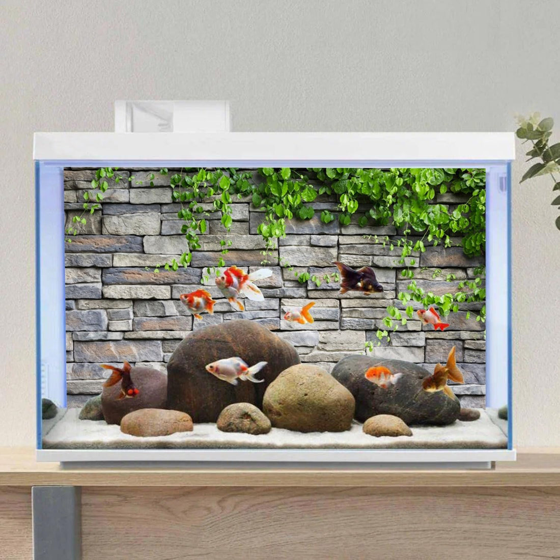 36x24 in Stone Brick Wall Aquarium Backdrop Leaves Fish Tank